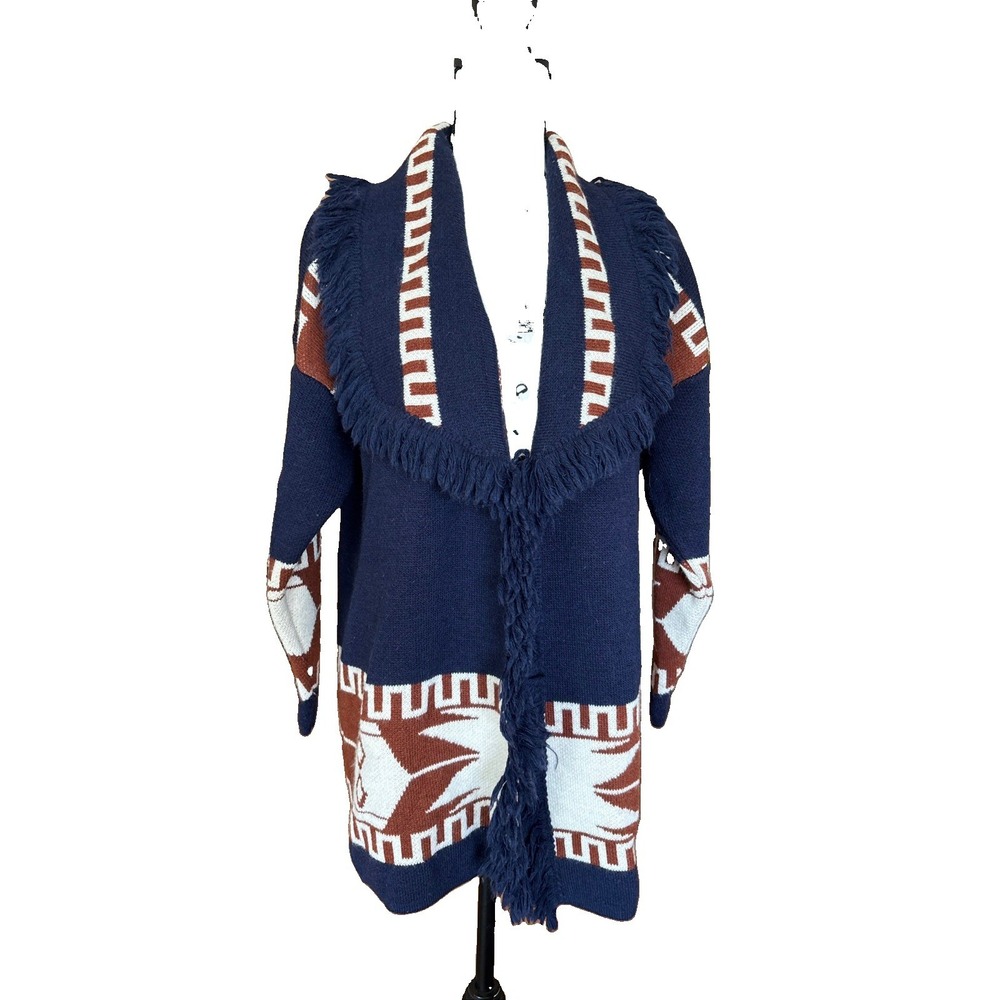 Cocogio Colorful Aztec Navy Blue Long Fringe Wool Blend Cardigan Italy